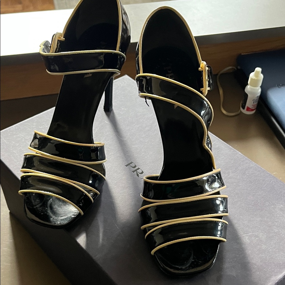 Prada Black and Cream Patent Leather Heels